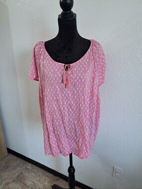 Sonoma Women’s 3X Blouse Pink With Leaf Print Short Sleeve Lightweight Boho